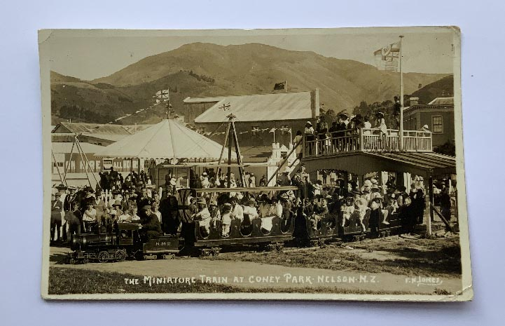 early 1900's-1920's New Zealand FN Jones postcard titled THE MINIATURE TRAIN AT CONEY PARK, NELSON. N.Z.